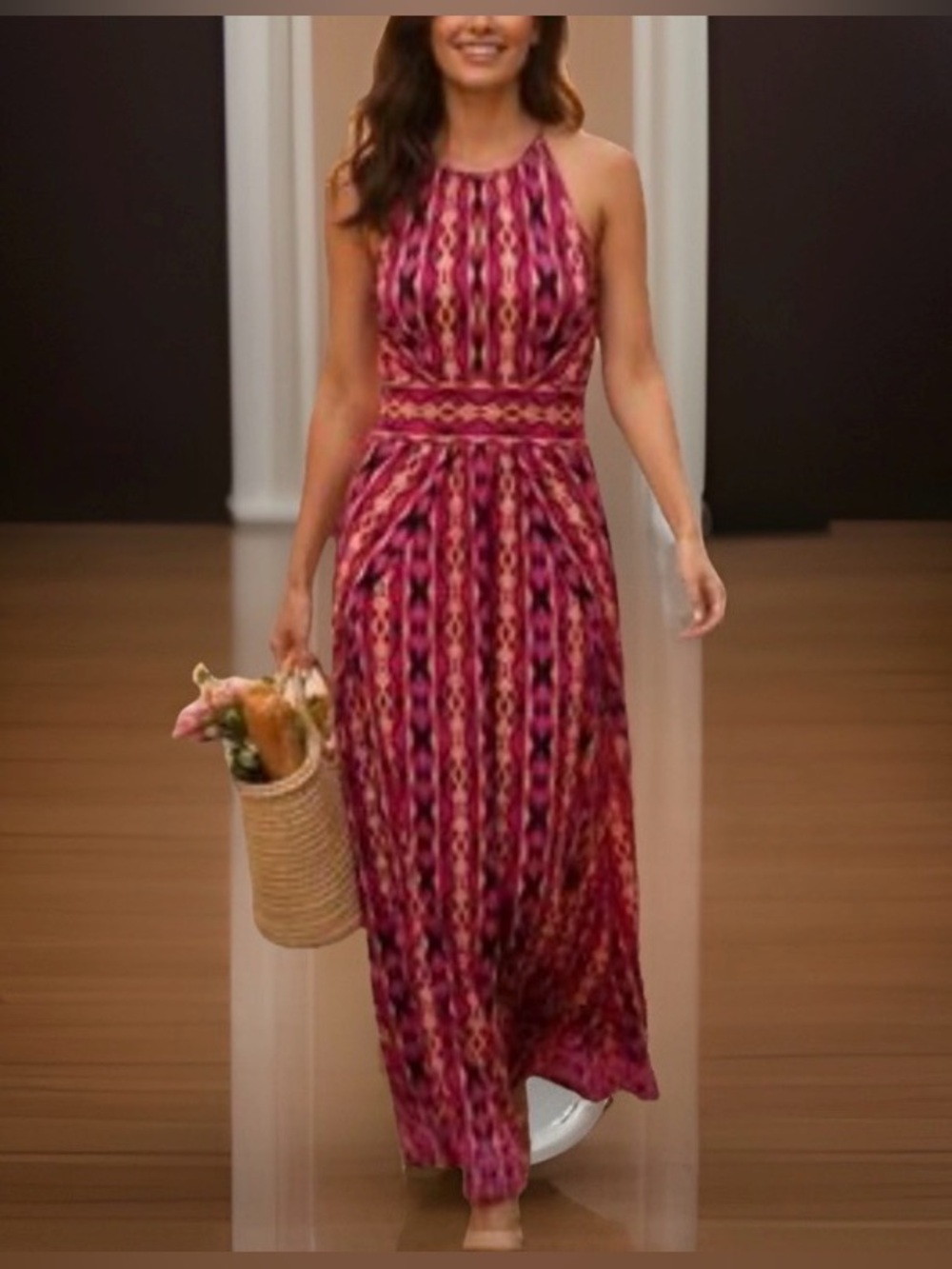 NWT Women’s London Times Pink & Black Geometric Print Halter Maxi Dress-6